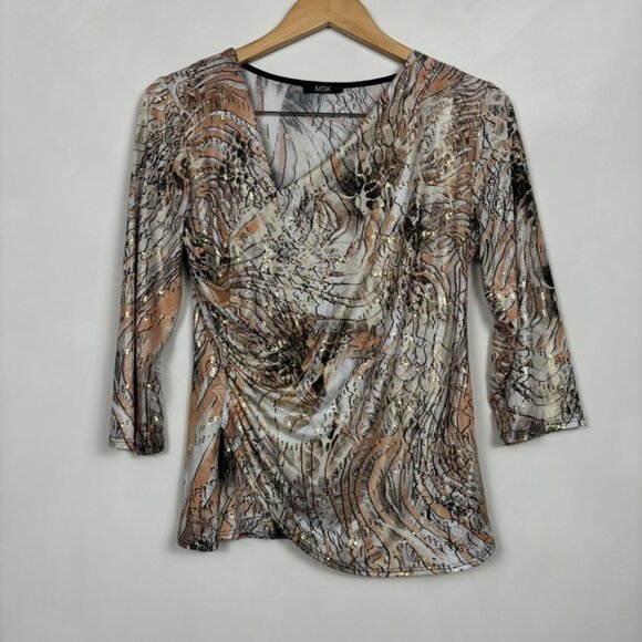 MSK Y2K Abstract Print Stretch Top Ruched 3/4 Sleeve Neutral Grunge Festival - Picture 2 of 11